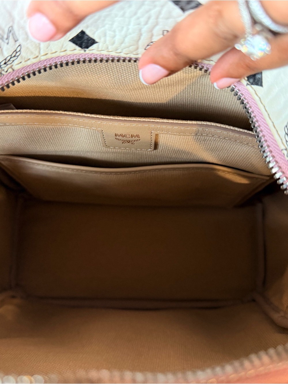 MCM White Backpack with Pink Front Pocket and Strap Accents - Picture 6 of 7